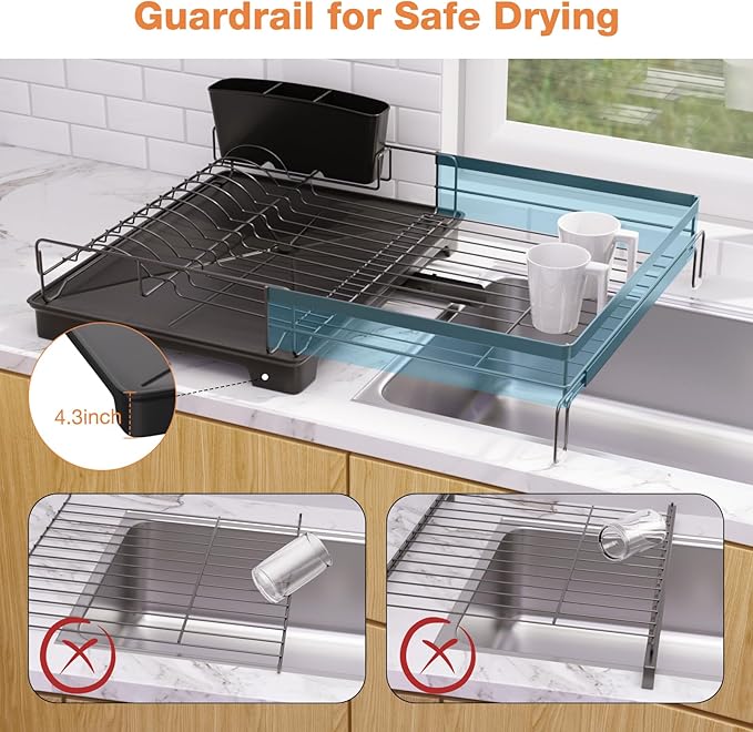 Extendable Dish Drying Rack, Drying Rack with Automatic Drainboard, Dish Drainers for Kitchen Counter, Anti-Rust Dish Drainers with Cup Holders & Utensil, Black