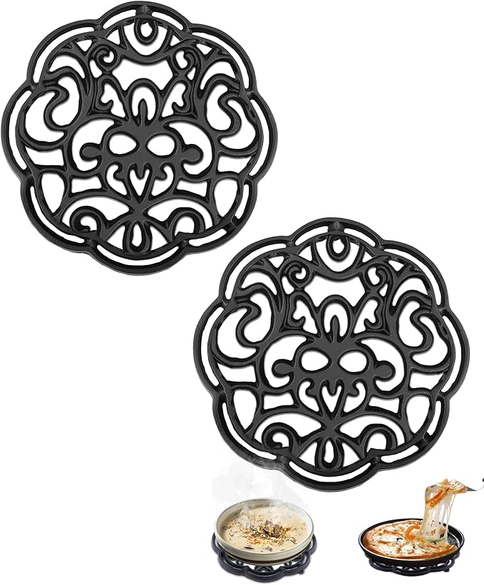 Black Floral Cast Iron Trivet 2-Pack for Kitchen & Dining - Decorative Flower Pattern Hot Dish Pads, Heat Resistant Pot Holders with Raised Design for Table, Counter & Wood Surface Protection