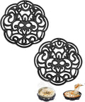 Black Floral Cast Iron Trivet 2-Pack for Kitchen & Dining - Decorative Flower Pattern Hot Dish Pads, Heat Resistant Pot Holders with Raised Design for Table, Counter & Wood Surface Protection