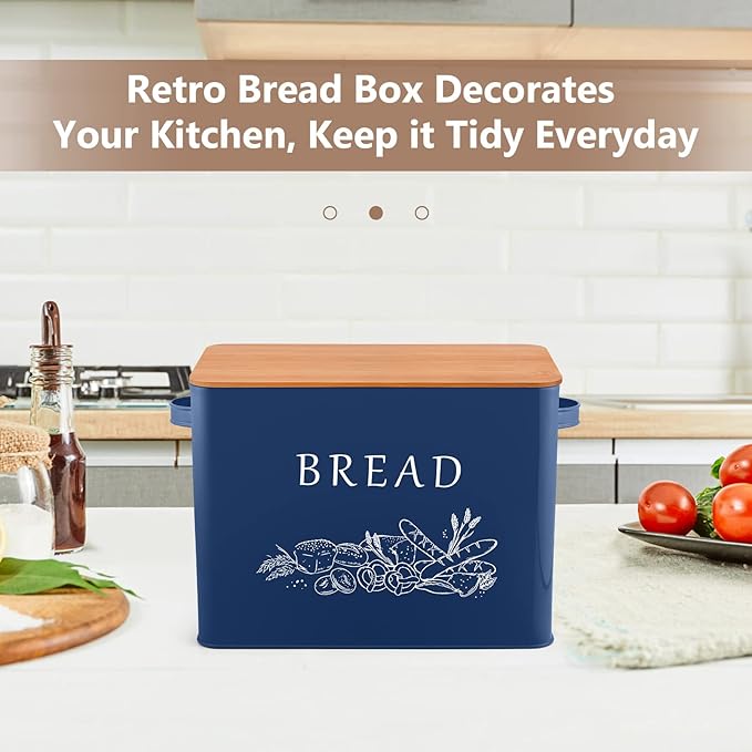 P&P CHEF Bread Box for Kitchen Counter, Metal Bread Storage Bin with Wooden Cutting Lid, Large Capacity for Holding 2+ Loaves, Retro Modern Style, Size 13” x 7.2” x 9.7”, Blue