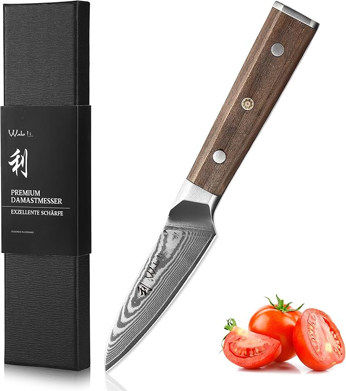 Wakoli HIK Damascus Office Knife – Full Tang Paring Knife | 3.4-Inch Blade Made of 67-Layer Damascus Steel with VG10 Core | Walnut Wood Handle | Sharp, Durable, Gift Box Included