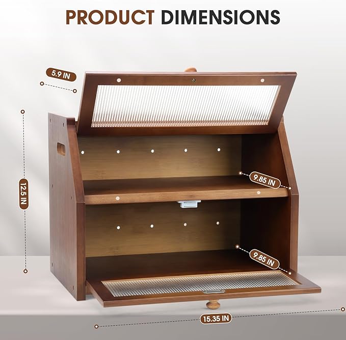 Large Bread Box for Kitchen Countertop, Wooden Bread Bin with Double Layer Storage and 0.6-inch Thick Natural Wood Panels, Rustic Bread Box Organizer for Kitchen (Retro Brown)