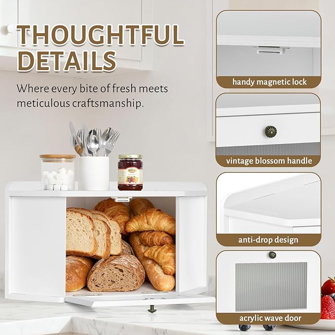 Corner Bread Box for Kitchen Countertop, Wooden Bread Storage for Homemade Bread, Rustic Breadbox with Acrylic Wavy Door, Bread Container for Kitchen Counter Cabinet, Pantry, Cupboard