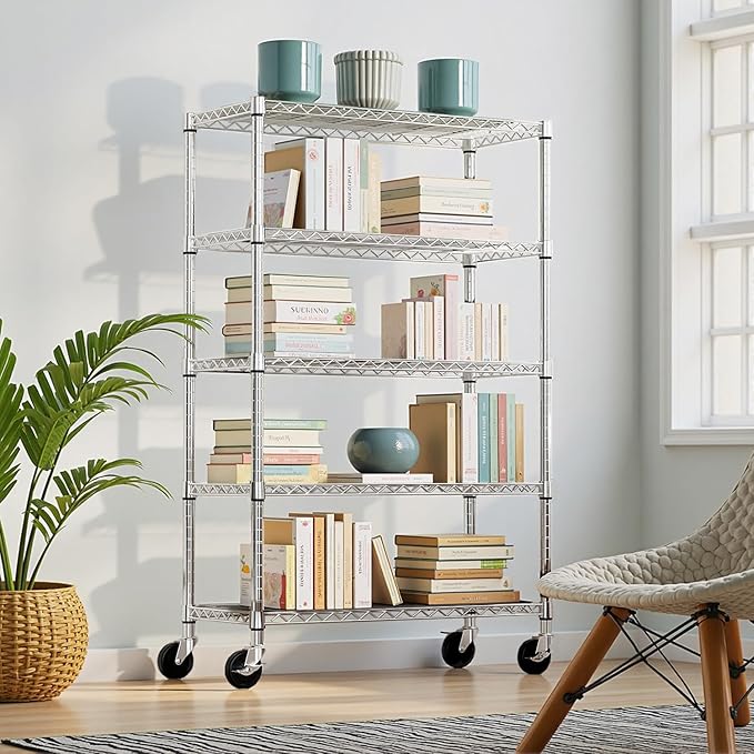 5-Tier 2200LBS Storage Shelves,Adjustable Wire Shelving for Pantry Organizers and Storage Heavy Duty Garage Shelving for Kitchen, Basement,Warehouse(Chrome,17,7Dx 47.2" W x 76.7" H)