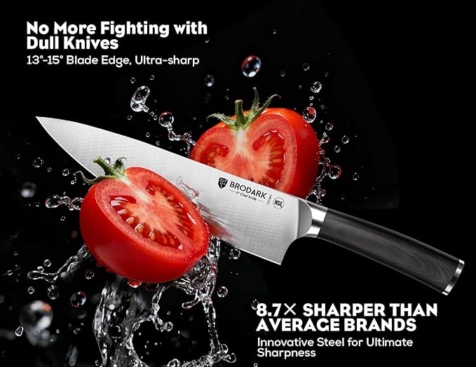 BRODARK Kitchen Knife Set, Ultra Sharp 15 Pcs Knife Set with Block, Full Tang Chef Knives, High Carbon Stainless Steel Knife Block Set with Sharpener, Wooden Handle