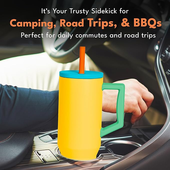 Elemental 40 oz Tumbler with Handle and Straw - Spill Proof Insulated Stainless Steel Commuter for Hot and Cold Beverages - Travel Coffee Mug with 2 Straws & Spill Proof Lid - 40oz - Lemon Zest