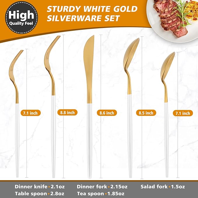 Matte White Gold Silverware Set, Oliviola 20-Piece Stainless Steel Flatware Cutlery Set Service for 4, Satin Finish Kitchen Utensil Set, Dishwasher Safe