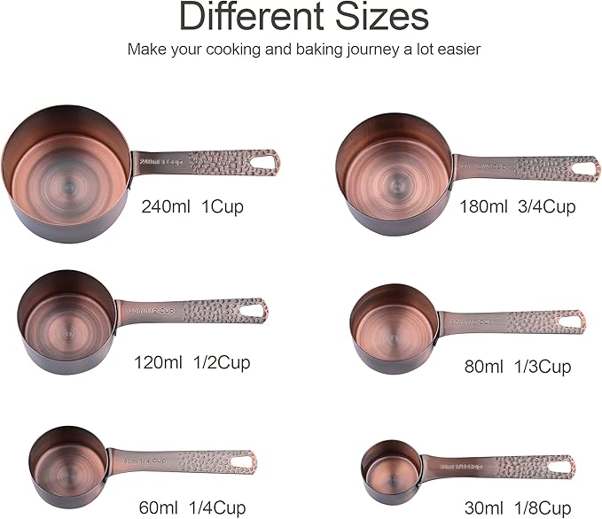 Copper Measuring Cups and Spoons Set 14, Stainless Steel Measuring Cups and Spoons set, Metal 6 Measure Cup and 7 Measure Spoon with 1 Leveler for Kitchen & Baking