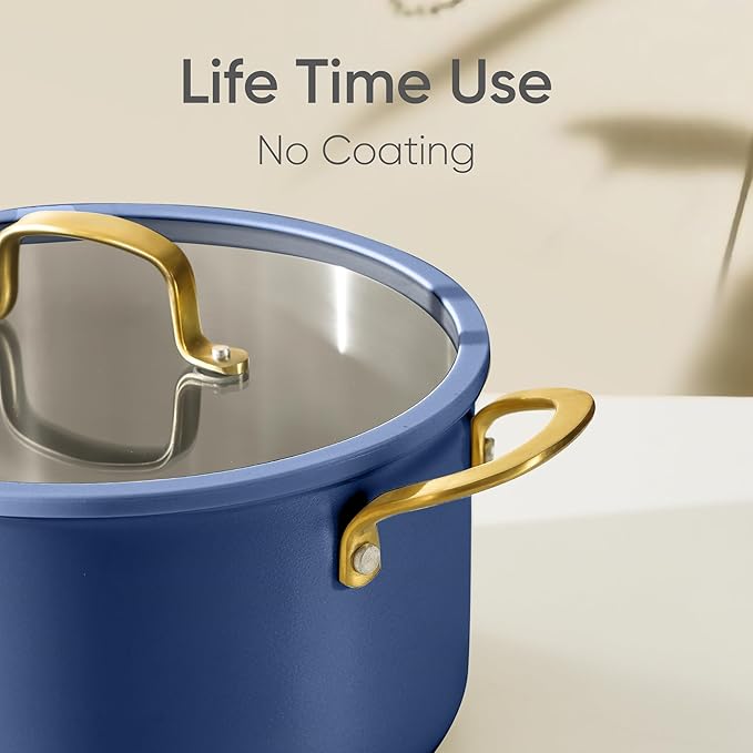 CAROTE 8QT Fully-Clad 3-Ply Stainless Steel Stockpot with Lid Small Kitchen Pot,Outer Ceramic Layer,Even Heating, Fits all stoves,Oven & Dishwasher Safe,Stay Cool Handle,Blue (PFAS/PFOA/PFOS Free)