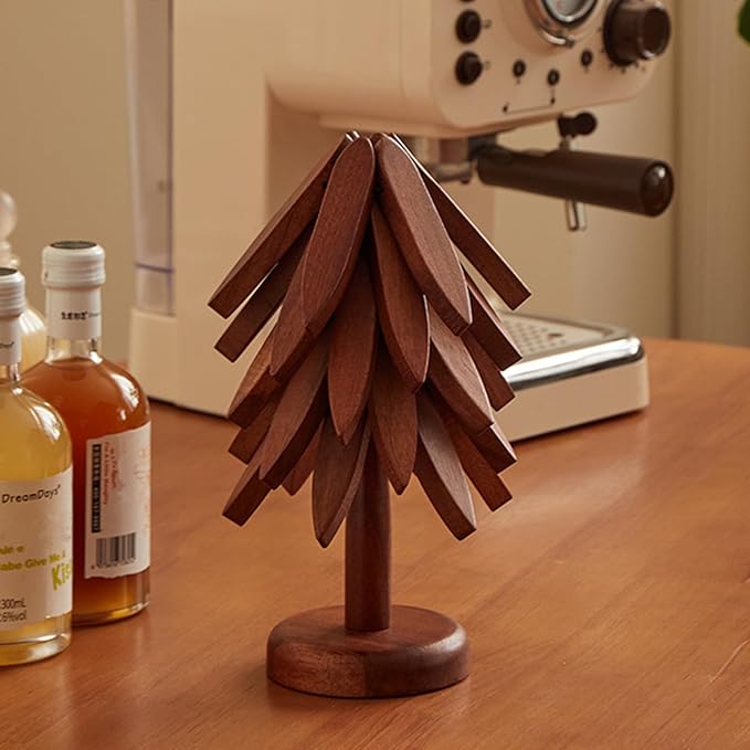 Wooden Trivets for Hot Dishes,Tree Shape Trivet Set,Placemat Solid Wood Table Mat for Hot Pots,Pans 5 Layers+1 Stand Heat Insulation Ornament Christmas Decorations DIY Xmas Gift