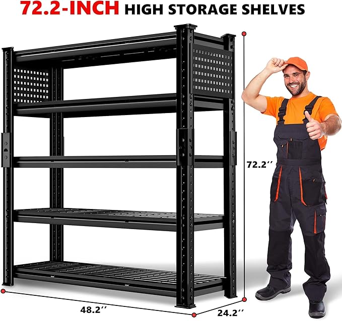 SILVEL 48.2" W Garage Shelving, 5000LBS Heavy Duty Metal Shelving, 2025 Grid Storage Shelves with 2 Side Pegboards, Industrial 5 Tier Shelves for Basement Pantry Warehouse Supermarket, 10 Pack