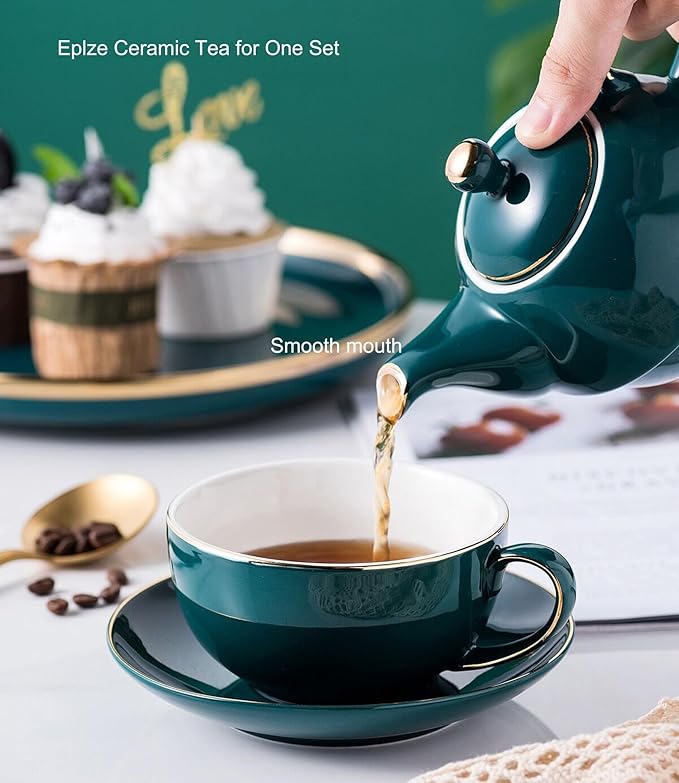 YBK Tech Ceramic Tea for One Set, 12oz Teapot and 8.2oz Cup with Saucer (Peacock Green)
