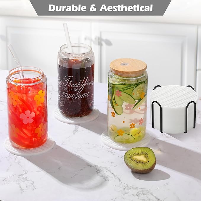 Silicone Coaster Set of 12 with Holder, Drinks Coasters, Beer & Coffee, Suitable for All Cups, Hot or Cold, Anti-Slip, Non-Stick, Anti-Overflow Tabletop Protection and Decor (12 Pcs, White)