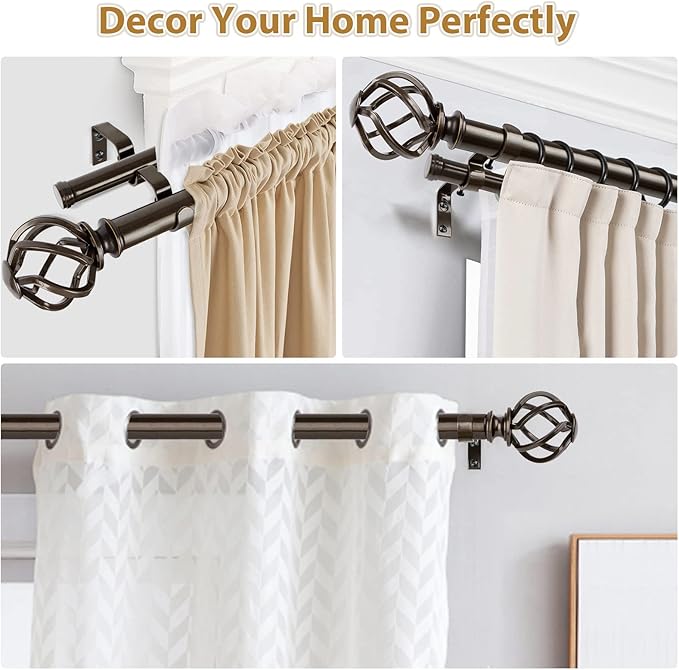 KAMANINA 1 Inch Double Curtain Rods 36 to 72 Inches (3-6 Feet) Window Telescoping Drapery Rod, Antique Bronze Heavy Duty Curtain Rods for Windows 24 to 68 Inches, Twisted Cage Finials