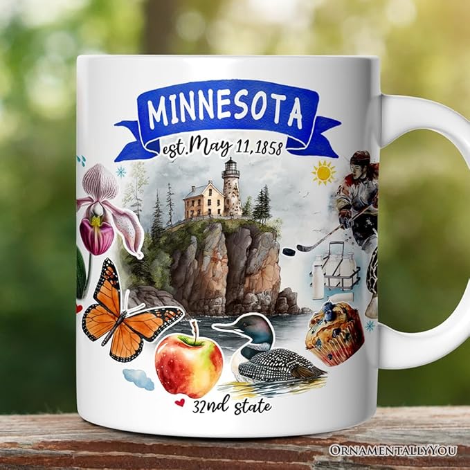 OrnamentallyYou State Travel Landmark Mugs – 12 oz Ceramic Coffee Cups, U.S. Souvenir Gift for Tourists (Artistic Minnesota State Themes and Landmarks Mug)