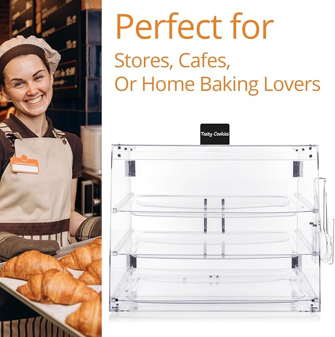 Bakery Display Case, Pastry Display Case Countertop 3 Tier Tray, Acrylic Clear Boxes for Bread Pastry Desserts Food Cookie, Display Cabinet Box for Baking Enthusiasts, 20.86 x 17.3 x 16.5 in