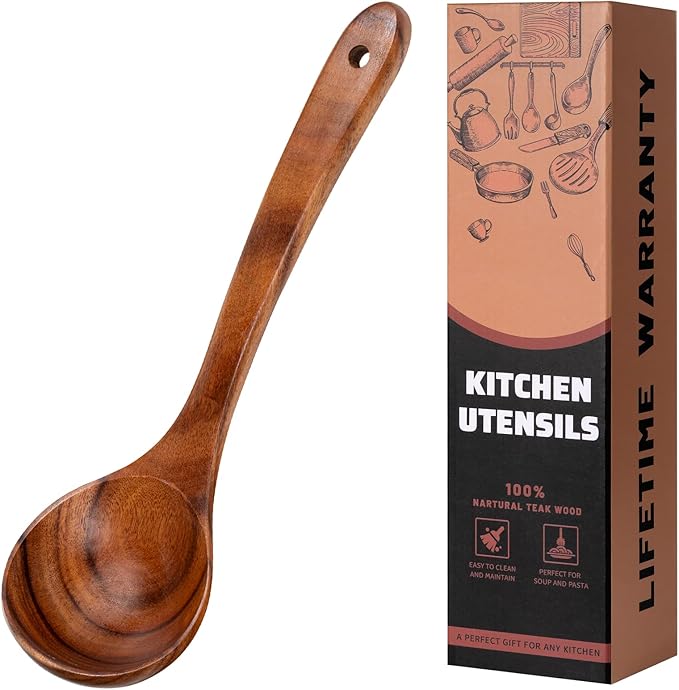 Wooden Spoons for Cooking,Natural Teak Wooden Ladle for Soup, Wood Ladle Spoon for Pot & Bowl, Non-Stick Wooden Spoon for for Cooking, Soup, Sauce