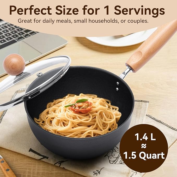 WANGYUANJI 7.1 Inch Hammered Cast Iron Saucepan with Glass Lid, Removable Beechwood Handle, Small Milk Pot for Boiling, Simmering, Heating – Non-Coated, Stovetop Compatible