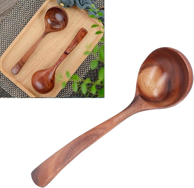 Wooden Ladle Spoon, Long Handle Wood Teak Soup Deep Serving Spoon Porridge for Cooking Kitchen Smooth Finish Lightweight Natural Texture Sustainable Handcrafted Versatile Utensil(7.87×2.36in)