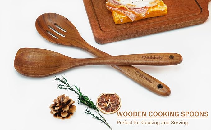 Large Wooden Spoons for Cooking, 2Pack Natural Teak Wood Cooking Spoon Set, Non-Stick Slotted and Corner Spoon, Heat-Resistant Wooden Spatula Spoon for Serving and Mixing