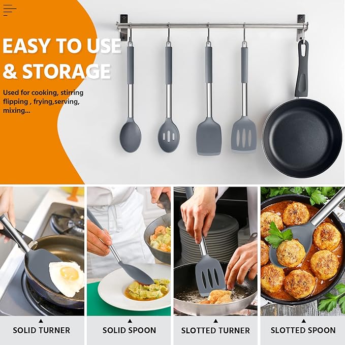 Cooking Utensils Set of 4, E-far Silicone Kitchen Utensils for Non-stick Cookware, Heat Resistant & Non-toxic Slotted Spatula Solid Spoon Turner for Flipping Mixing Serving Basting(Grey)