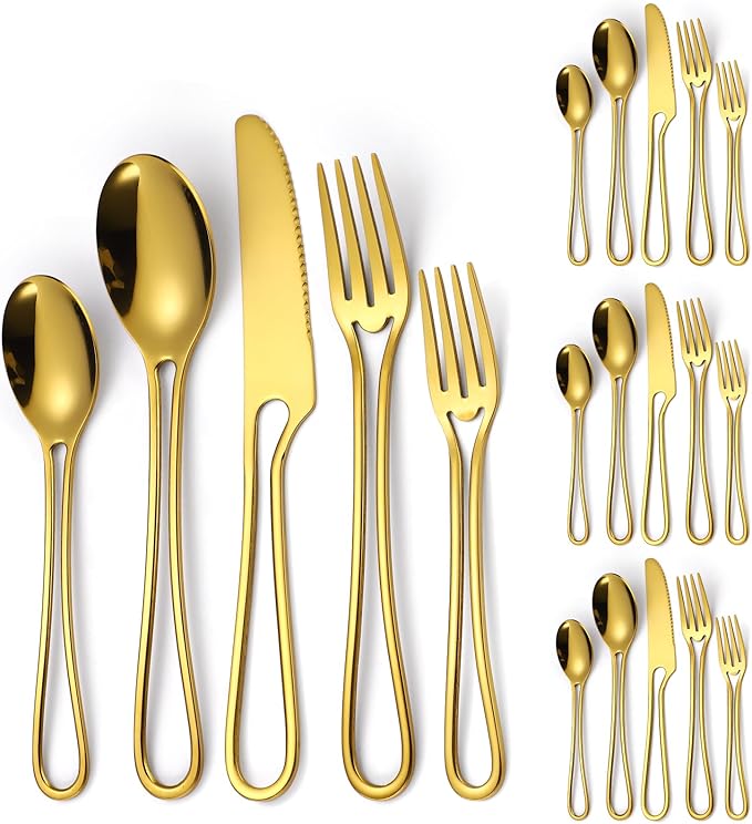 Gold Silverware Hollow 20 Piece Flatware Set For 4 Kitchen Cutlery Stainless Steel Forks Spoons and Knives Unique Utensils Party Festival Restaurant Durable
