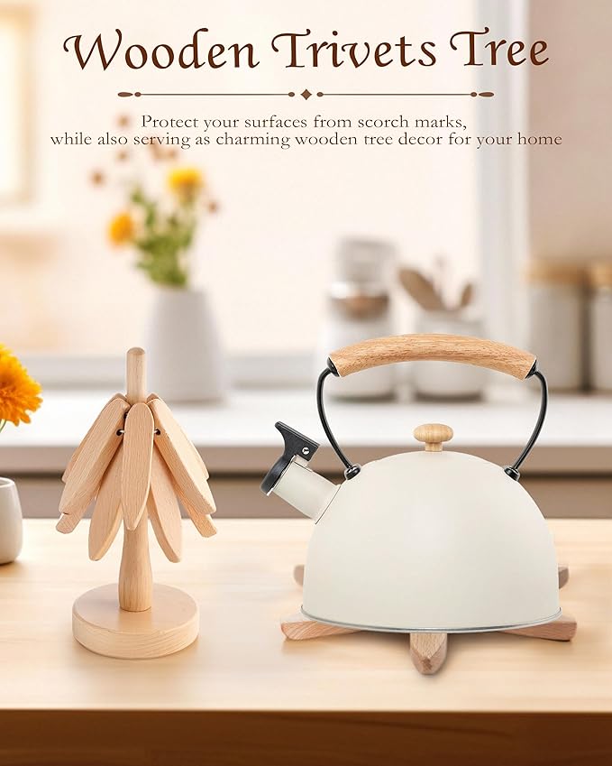Wooden Tree Trivets for Hot Dishes, 4 Wooden Trivet + 1 Stand Natural Wooden Coaster for Hot Dishes, Pot, Bowl, Teapot, Hot Pot Holders, 4 Foldable Christmas Tree-Shaped Trivets