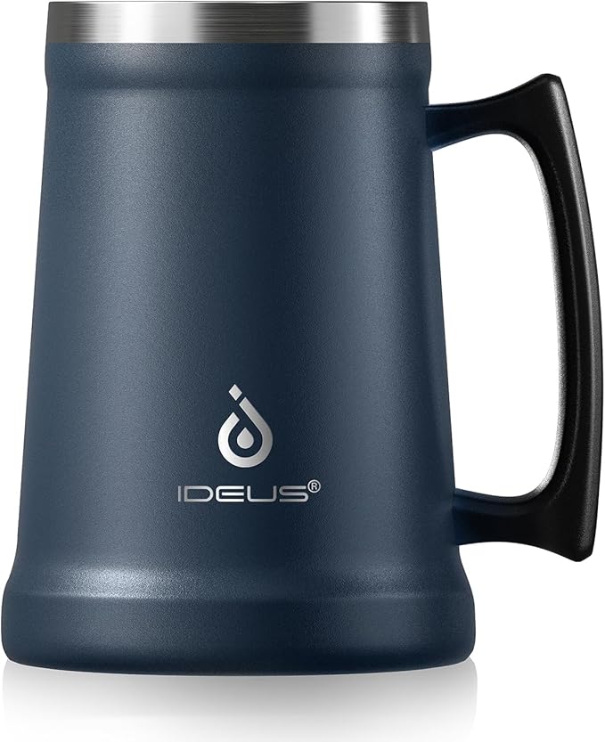 Ideus Insulated Beer Stein, 24/32oz Stainless Steel Double Walled Beer Mug Giant Bar Drinkware Metal Beer Cup with Big Grip Handle (Navy Blue, 24oz (710ml))
