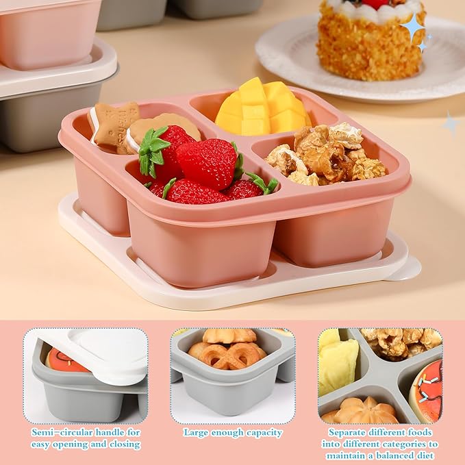 Honeydak 10 Pack Bento Snack Containers 4 Compartment Snack Boxes Reusable Containers with Lids Divided Meal Prep Lunch Food Storage Box for School Work Travel