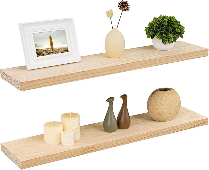 Fun Memories 36 Inch Floating Shelves for Wall, Deep Rustic Solid Wood Floating Shelves for Storage - Farmhouse Wall Mounted with Heavy-Duty Metal Bracket, 36" W x 8" D, Set of 2,Unfinished for DIY