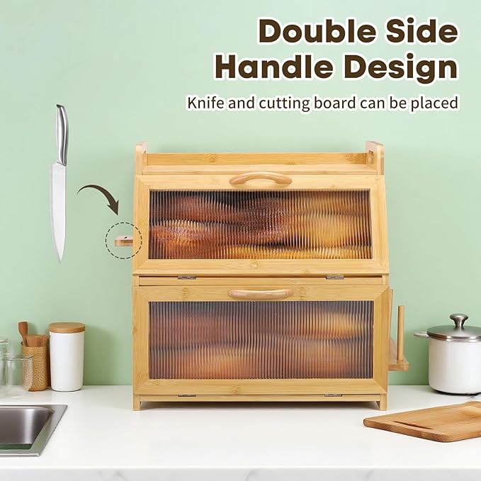 Bread Box for Kitchen Countertop, Large Bread Storage Container for Homemade Bread, Bamboo Farmhouse Organizers, Double Layer Bread Bin with Acrylic Window Holder,Natural
