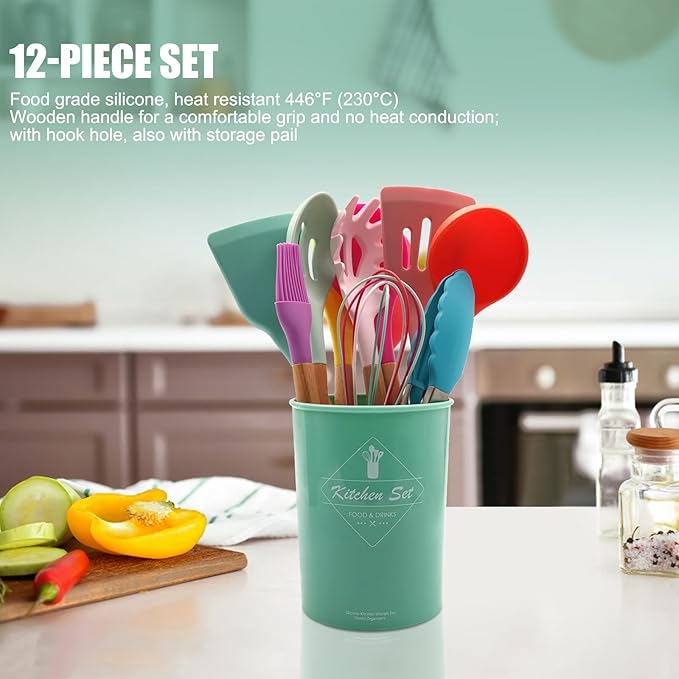 Kitchen Utensils Set of 12, Silicone Cooking Utensils with Non-Slip Wooden Handle and Organizer Bucket, 446°F Heat Resistant Cookware Utensils Set (Assorted Colors-Upgraded)
