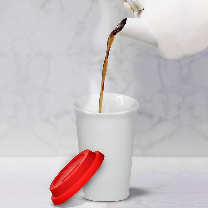 DISCOUNT PROMOS 11 oz. Double Wall Ceramic Tumblers with Lid - 6 Pack - Red