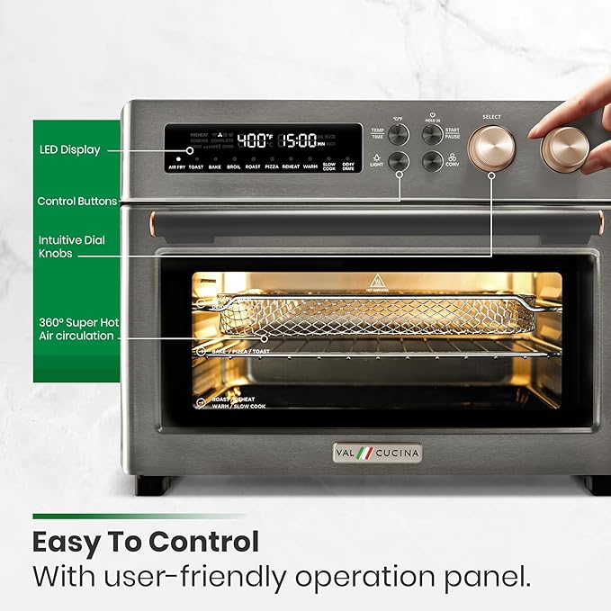 VAL CUCINA Infrared Heating Air Fryer Toaster Oven, Extra Large Countertop Convection Oven 10-in-1 Combo, 6-Slice Toast, Enamel Baking Pan Easy Clean with Recipe Book, Black Matte Stainless Steel