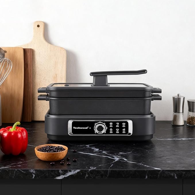 Slow Cooker, Techwood 7.5-Quart Multi-Cooker with 5-Level Heat Settings, Come with Non-stick Skillet Pan & Cooking Pot, Dishwasher Safe, Black