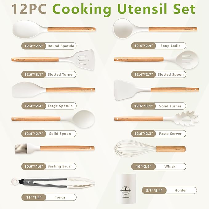 Silicone Cooking Utensils Set with Holder, 12 Pcs Heat Resistant Kitchen Utensils Set with Wooden Handle, BPA-free Spatula, Tongs, Spoons Set for Nonstick Cookware, White