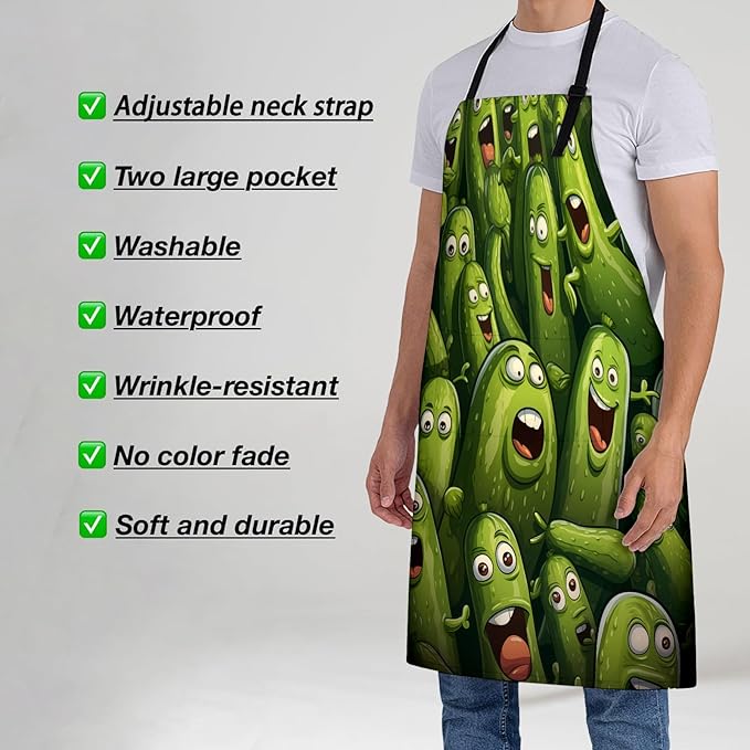 Pickle Apron for Women, 28x33in, Kitchen Chef Aprons with 2 Pockets, Polyester, Funny Cartoon Pickles Apron for Cooking BBQ Baking Gardening Chef, Gifts for Mom Wife Dad