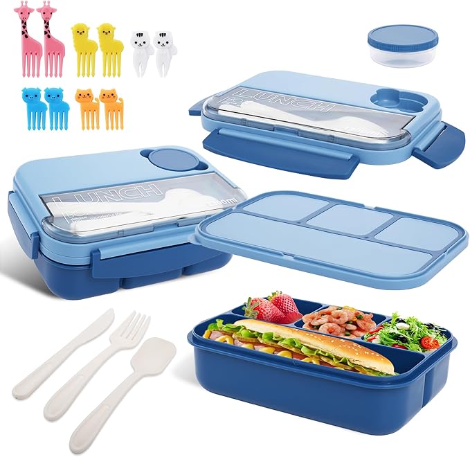 Bento box adult work lunch box, adult container, with 4 compartments, lunch container with cutlery (knife, fork, spoon, sauce box), animal fruit fork, microwave and dishwasher safe, Sky blue