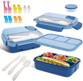 Bento box adult work lunch box, adult container, with 4 compartments, lunch container with cutlery (knife, fork, spoon, sauce box), animal fruit fork, microwave and dishwasher safe, Sky blue