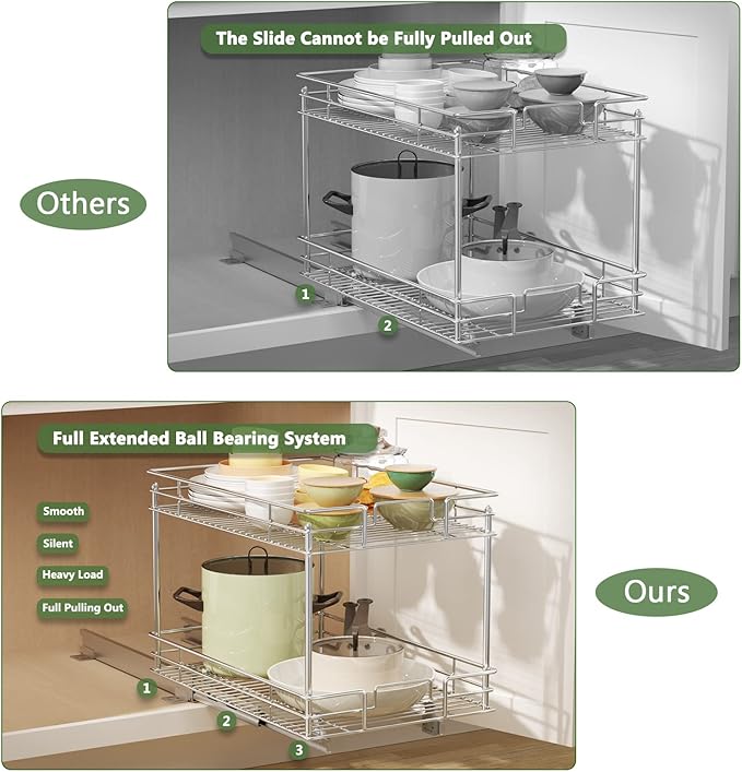 ROOMTEC Pull Out Cabinet Organizer, Kitchen Cabinet Organizer and Storage 2-Tier Cabinet Pull Out Shelves for Kitchen,Under Sink Organizers and Storage 17" W x 21" D Chrome