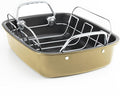 KITESSENSU Large Roasting Pan with Rack - 25 LB Nonstick Turkey Roaster Pan for Oven - Heavy Duty Carbon Steel Roasting Pan with Wider Handles for Chicken, Vegetables & Holiday Meals, Gold