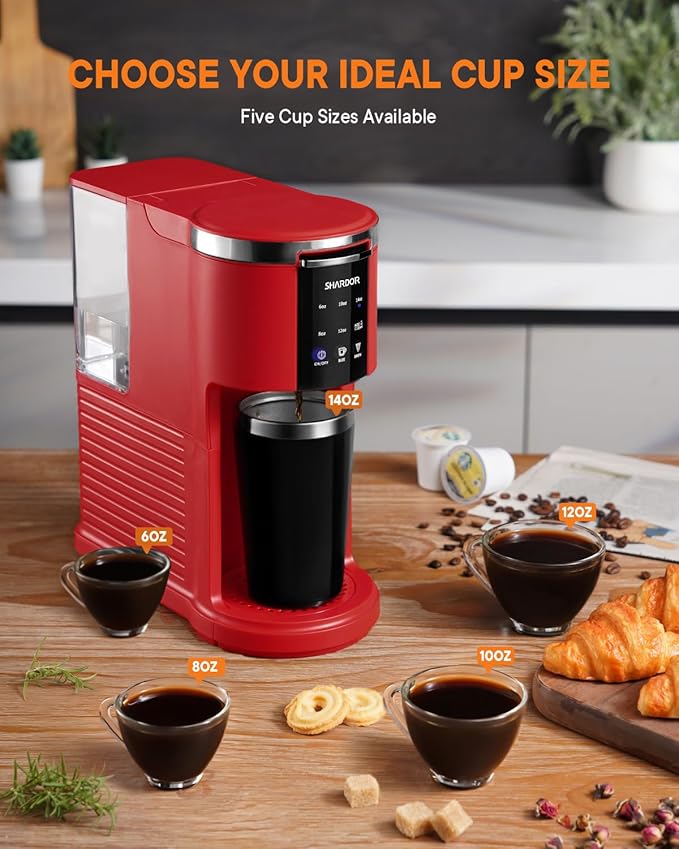 SHARDOR 3 in 1 K Cup Coffee Maker, Single Serve Coffee Maker for K Cup Pods & Ground Coffee & Teas, 6 to 14oz Brew Sizes, 40oz Detachable Water Reservoir, Compact Design, Red