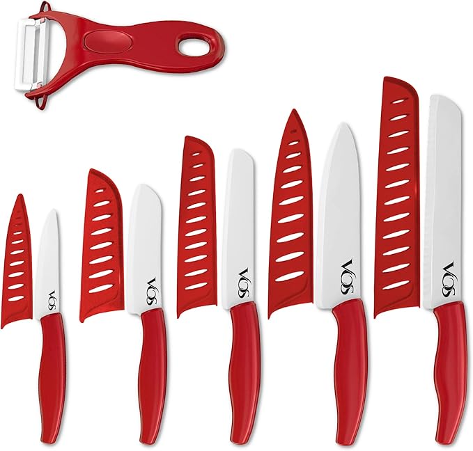 Vos Ceramic Knife with Peeler, Knives Set For Kitchen, Ultra Sharp Kitchen Knife Set with Covers, 4" 5" 6" 7" 8" Paring, Chef Knife, Santoku & 2 more, Lightweight, Dishwasher safe (Red)