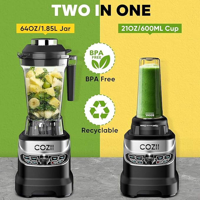 COZII Professional 2000W Blenders for Kitchen with 64oz Pitcher & 21oz To-go Cup, High Speed for Smoothies/Ice Crushing/Frozen Drink/Puree, 7 Preset Programs & 8 Speed Control (Black)