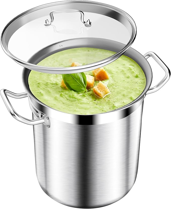 Stainless Steel 20 Quart Stockpot with Tempered Glass Lid, 3-Ply Base, 8.8 lbs, Polished Finish, Suitable for Stovetop and Oven