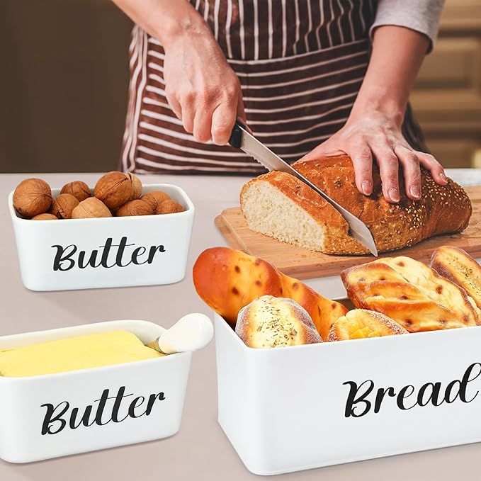 Hushee Metal Bread Box and Butter Dish with Bamboo Cutting Board Lid and Knife Bread Storage Container Breadbox for Kitchen Counter Butter Organizer for Kitchen Countertop Decoration(White)