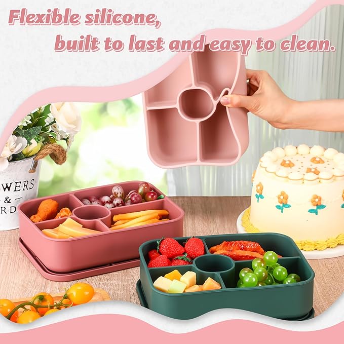 4 Pack Silicone Bento Boxes for Adults, 5 Compartment Reusable Lunch Containers with Sauce Section, Leakproof Meal Prep Snack Box Microwave & Dishwasher Safe for Work School Office(Pink Green Color)