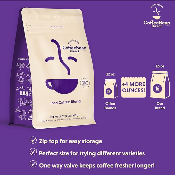 Coffee Bean Direct Iced Coffee Blend, Whole Bean Coffee, Mixed Roast Level, 1 Pound Bag (Pack of 1)