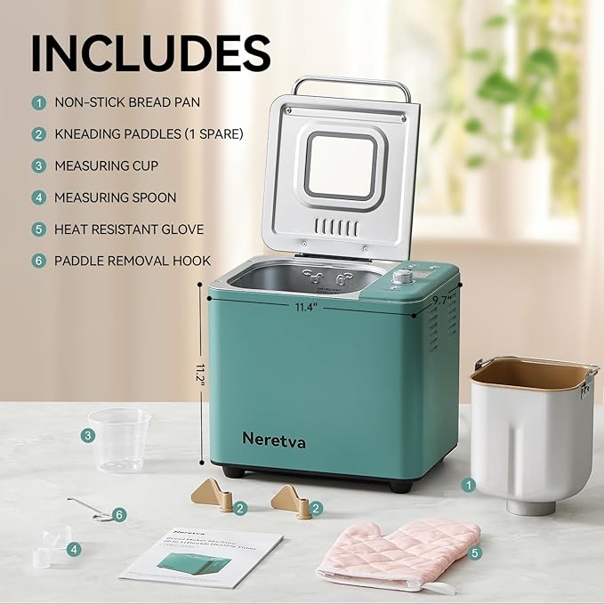 Neretva Bread Maker, 20-IN-1 2LB Bread Machine Dual Heater Bread Maker Machine Automatic with Nonstick Ceramic Pan, 15H Timer & 1H Keep Warm Set, Low Noise, Stainless Steel Breadmaker Recipe-Green