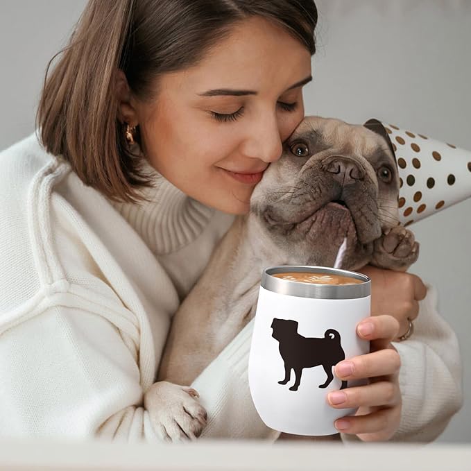 Lifecapido Pug Gifts for Pug Lovers, Pugs Silhouette 12oz Stainless Steel Wine Tumbler Set of 2, Birthday Christmas Gifts for Dog Lovers Dogs Parents Dogs Mom Dad, Black and White